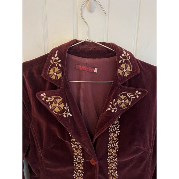 Johnny Was Embroidered Velvet Coat Jacket S Burgundy Floral Boho Style Sz Small - Picture 2 of 8
